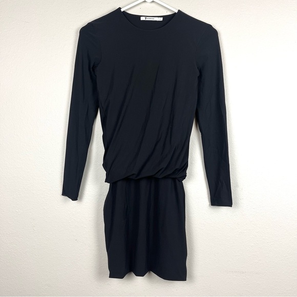 T Alexander Wang Black Stretch Jersey Long Sleeve Ruched Twist Mini Dress - Picture 2 of 7